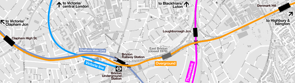 Map of rail & tube lines passing through Brixton, showing the location of Brixton station and the London Overground through route