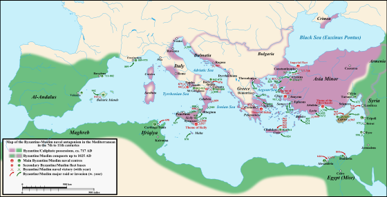 Map of the main Byzantine-Muslim naval operations and battles in the Mediterranean