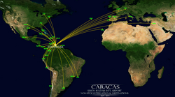 Карта международных регулярных маршрутов аэропорта Каракаса, апрель 2011 года