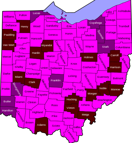 Coronavirus cases by county in Ohio on May 12, 2022
>100,000 confirmed cases
10,000 - 99,999 confirmed cases
1,000-9,999 confirmed cases
100-999 confirmed cases COVID-19 Cases in Ohio by counties 2.svg