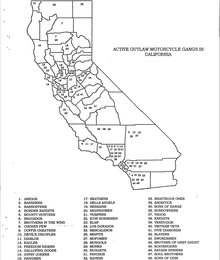 A map of California motorcycle gang territories, published by the DOJ in 1991. California motorcycle gangs map.png