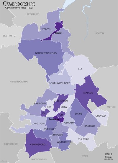 Hundreds of Cambridgeshire in 1832 Cambridgeshire1832Map.png