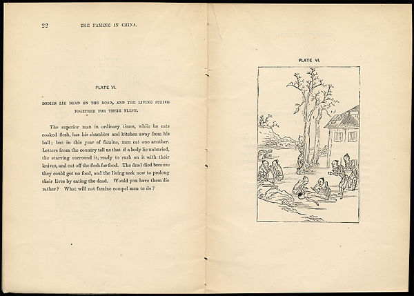 In de negentiende eeuw waren er enkele grote hongersnoden. Een Engelse vertaling uit 1888 van een Chinees manifest dat oproept om ondersteuning van de slachtoffers