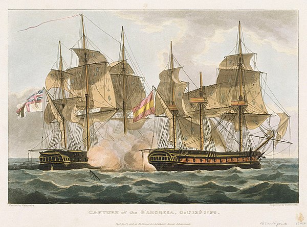 Print by Thomas Whitcombe depicting HMS Terpsichore capturing Mahonesa on 13 October 1796