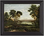 Oljemålningen Vidsträckt flodlandskap med vandrare vid en stenbro är ett av Carl Johan Fahlcrantz' tidigast kända verk utfört i olja.