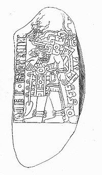 Stela 6, from Cerro de las Mesas. Note the Long Count date of 9.1.12.14.10 (April 468 CE) at the lower left. The glyphs above the date are one of the few, and latest, Epi-Olmec script texts yet discovered. Cerro de Las Mesas Stela 6.JPG