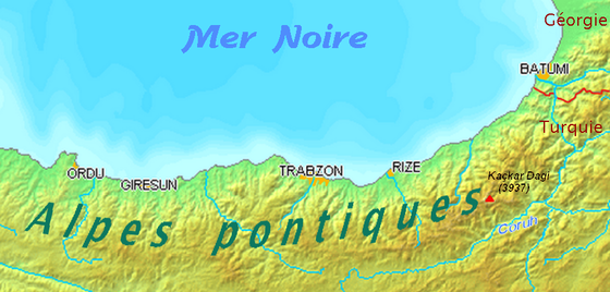 Carte topographique de la chaîne pontique
