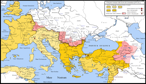 Map showing Constantine I's conquests of areas of present-day eastern Hungary, western Romania and northern Serbia, in the first decades of the 4th century (pink color).