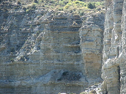 Tabernas Desert, Spain: Cycles can be observed in the colouration and resistance of different sediment strata.