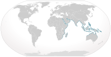 World map with blue coloring all around the periphery of the Indian Ocean from South Africa to northern Australia, and through Southeast Asia including the Philippines and New Guinea