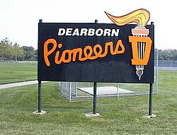 Pioneros de Dearborn High School sign.jpg