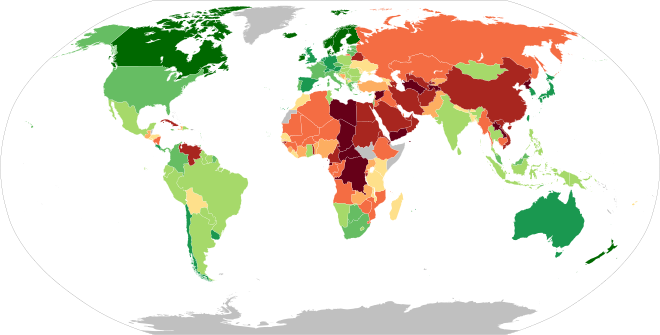 Democracy Index by the Economist Intelligence Unit, 2020.[85] Green countries are democratic, yellow are hybrid regimes, and red are authoritarian governments.