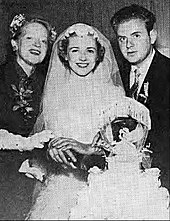 Peggy Wood, who played Van Patten's mother in the television program Mama, congratulates Pat and Dick on their wedding, 1954.