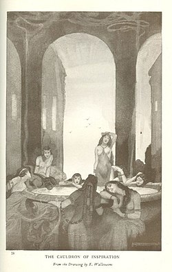 Image by E. Wallcousins, 1912. "In Caer Pedryvan, four its revolutions; In the first word from the cauldron when spoken, From the breath of nine maidens it was gently warmed". E. Wallcousins - The Cauldron of Inspiration.jpg
