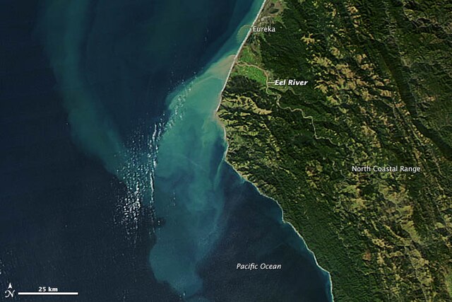 Sediment-laden water from the Eel River after winter storms – NASA satellite image, 2012