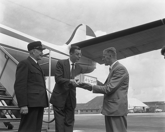 Arrival of Salk Polio Vaccine from the United States at Amsterdam Airport Schiphol in 1957.