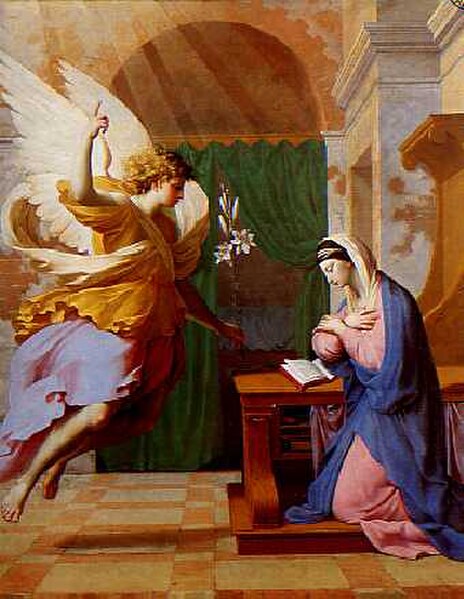 The Annunciation by Eustache Le Sueur, an example of 17th century Marian art. The Angel Gabriel announces to Mary her pregnancy with Jesus and offers 