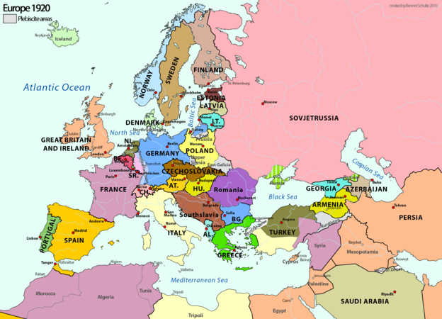 Територии според договора, на картата на Европа.