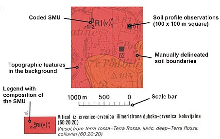 An example of a traditional soil map showing soil mapping units, described soil profiles and legend.