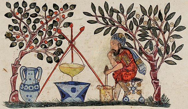 A physician preparing an elixir, from an Arabic version of Dioscorides's pharmacopoeia, 1224