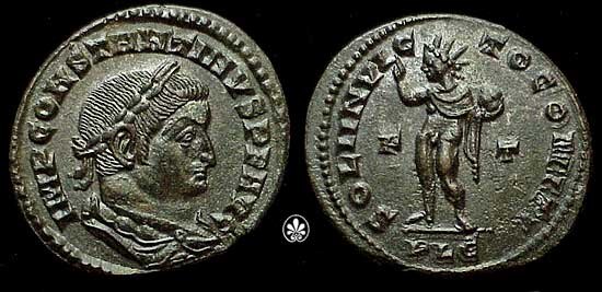 Coin of Emperor Constantine I depicting Sol Invictus with the legend SOLI INVICTO COMITI, c. 315