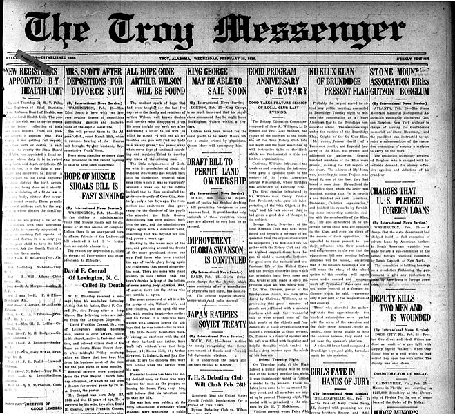 File:Front page of newspaper, The Troy Messenger, 25 Feb. 1925.jpg