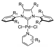 A schematic of a generic Pd-PEPPSI type precatalyst. R1, R2, and R3 represent carbon or heteroatom substituents. Generic PEPPSI.png