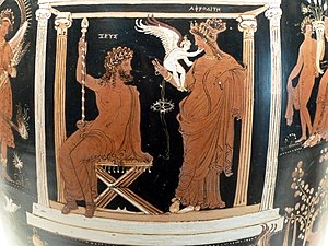 Apuleian vase painting of Zeus plotting with Aphrodite to seduce Leda while Eros sits on her arm (c. 330 BC)