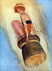 Illustration showing an old poster for champagne. It depicts a young woman with short hair, like a pin-up girl, propelled into the air by the outpouring of wine on a champagne cork. This is an advertisement for champagne from 1915.