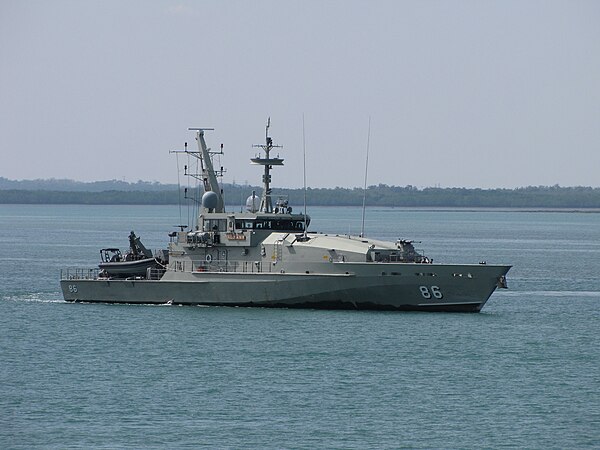 HMAS Albany, one of the patrol boats involved in attending the rescue involving a fatal explosion due to sabotage of the SIEV 36 by people smugglers.