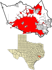 Harris County Texas incorporated and unincorporated areas Houston highlighted.svg