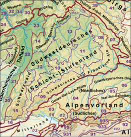 Südwestdeutsches Stufenland Zweistellig: geographische Haupteinheitengruppen Dickere Trennlinien: Großregionen 3. Ordnung