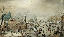 A color painting of a winter landscape with iceskaters and snow of Amsterdam. People are buddled up in colorful coats walking and playing with sleds.