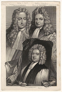 Bolingbroke pictured alongside the earl of Oxford,together with a portrait of Francis Atterbury. Engraving after a painting by Sir Godfrey Kneller. Henry St John,1st Viscount Bolingbroke;Robert Harley,1st Earl of Oxford;Francis Atterbury by Sir Godfrey Kneller,Bt.jpg