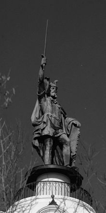 Statue of Hermann (Latin name Arminius), namesake of the Hermann wine region. Hermann statue closeup.jpeg