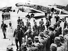 Japanese Prime Minister Hideki Tojo arriving at Nicholas Field in Manila for his state visit to the Philippines, May 6, 1943