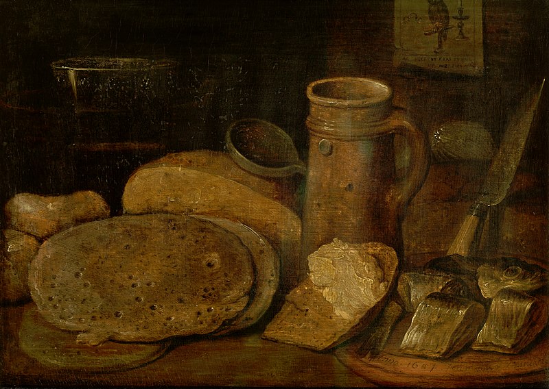 File:Hieronymus Francken (II) - Still life with pottery, herring and pancakes, a print of an owl on the wall.jpg