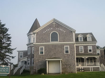 American Baptist-affiliated Harbor Church is perched high on a hill on the western side of New Shoreham. The building was reconstructed from the former Adrian Hotel and was included in the National Register of Historic Places in 1974 as part of Old Harbor Historic District in New Shoreham.