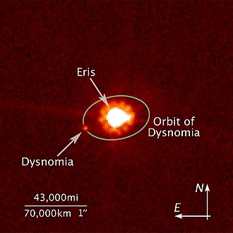 צילום של אריס ודיסנומיה. אריס הוא העיגול הגדול הבוהק ודיסנומיה הוא הנקודה הקטנה האדומה שלידו