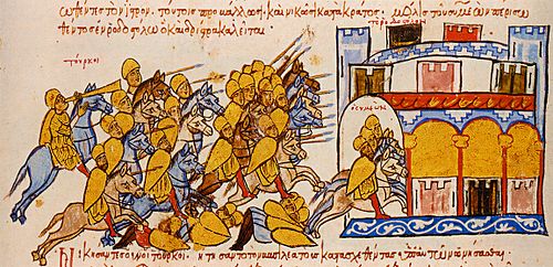 The Magyars pursue Simeon to Dorystolon, miniature from the Madrid Skylitzes