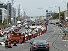 The Hurontario LRT under construction north of Highway 401 in 2023 Hurontario LRT construction north of 401.jpg