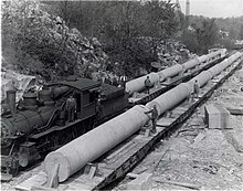 Indiana limestone loaded on freight trains in Bedford, Indiana. Indiana limestone - the nation's building stone, v. 2 - DPLA - 34ab77899a0747d1465810a8da6f02d7 (page 7) (cropped).jpg