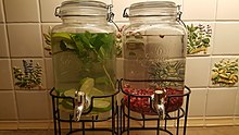 Left side: Lime, ginger and mint infused waterRight side: Pomegranate infused water Infused Water.jpg