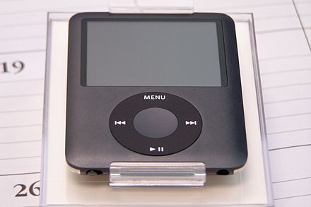 A black 8 GB 3rd generation iPod Nano.
