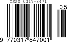 ISSN encoded in an EAN-13 barcode with sequence variant 0 and issue number 05 Issn barcode.png