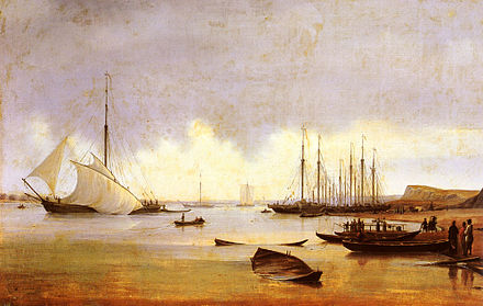 Fishing vessels off a jetty, believed to be Kostroma (Russia) Oil on canvas, 1839, by Anton Ivanov