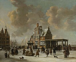 Het Paalhuis en de Nieuwe Brug te Amsterdam in de winter