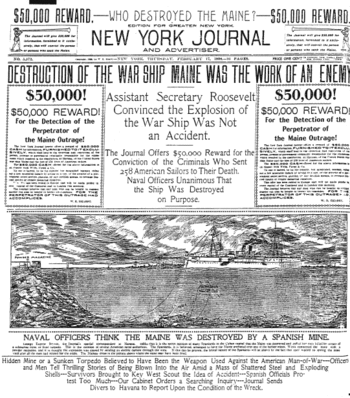 Yellow journalism, like these headlines about the destruction of the USS Maine in the New York Journal, worsened war hysteria in the U.S. and helped cause the Spanish-American War. Journal98.gif