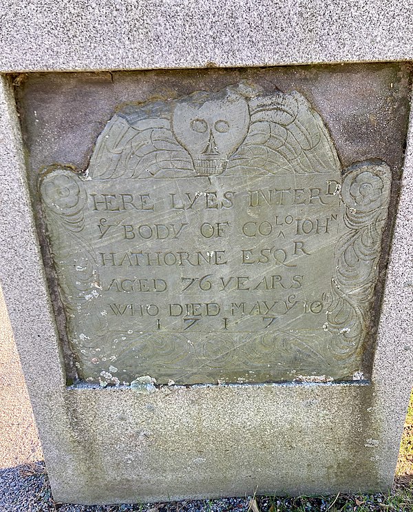 Hathorne's tombstone at Old Burying Point / Charter Street Cemetery.