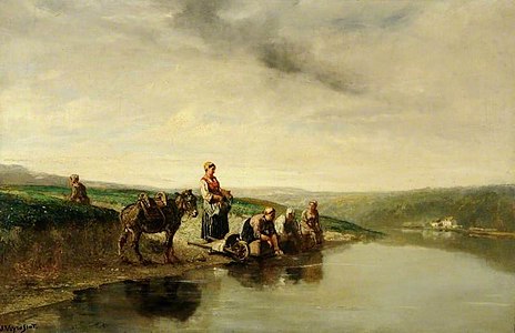 Landscape with a river (and washerwomen) label QS:Len,"Landscape with a river (and washerwomen)" 1850s